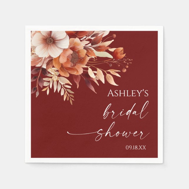 Guardanapo De Papel Rusty Burgundy Marrom Floral Flor Bridal Shower (Frente)