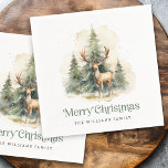 Guardanapo De Papel Saco e árvores de Natal Nome feliz de Natal<br><div class="desc">Os guardanapos de Natal com uma bela pintura aquosa de um saco em frente às árvores de Natal. Texto verde "Feliz Natal" e nome personalizável abaixo.</div>