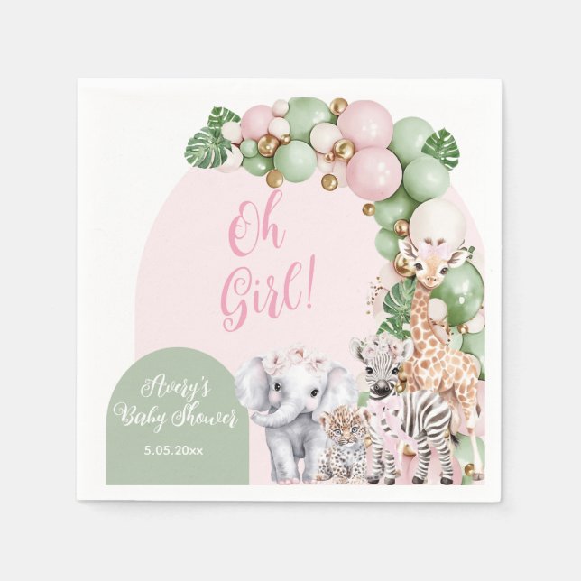 Guardanapo De Papel Safari Animal Tropical Verde Bebê Rosa Chá (Frente)