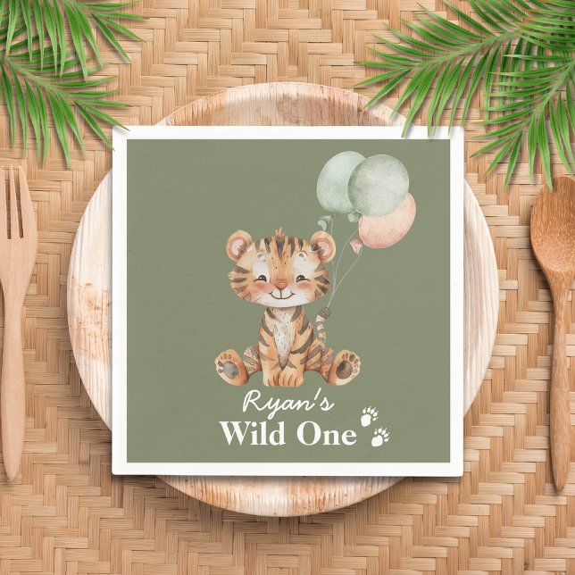 Guardanapo De Papel Safari Selva Personalizada Animal de Um Partido Se (Safari Jungle Tiger Cub Balloons Wild One Watercolor Birthday Napkin)