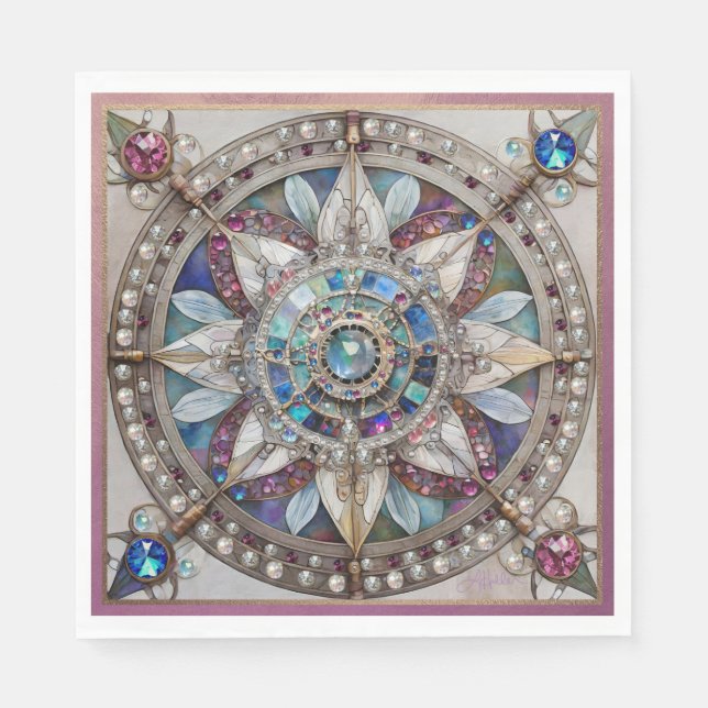Guardanapo De Papel Safiras Rosa e Azul Diamantes Pérolas Mandala (Frente)