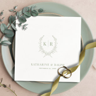 Guardanapo De Papel Sage Botaniacal & Ribbon Crest Monograma Casamento