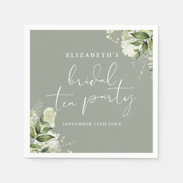 Guardanapo De Papel Sage Green Floral Greenery Script Bridal Tea Party (Frente)