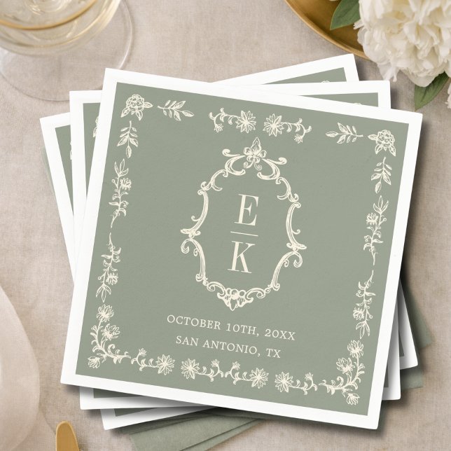 Guardanapo De Papel Sage Green Floral Old Money Monogram Crest Wedding (Criador carregado)