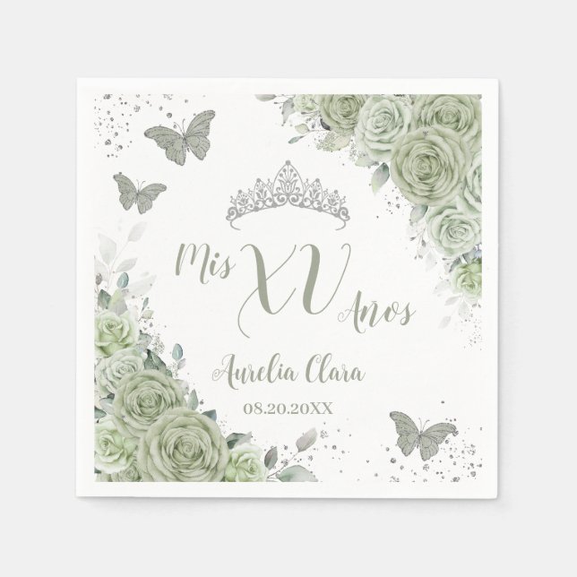 Guardanapo De Papel Sage Green Floral Quinceanera Birthday Butflies (Frente)
