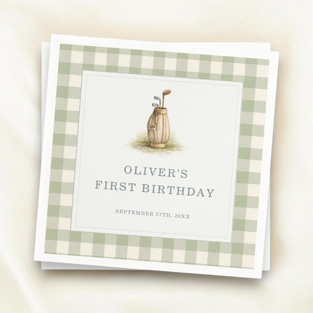 Guardanapo De Papel Sage Green Gingham Golf First Birthday Party (Criador carregado)