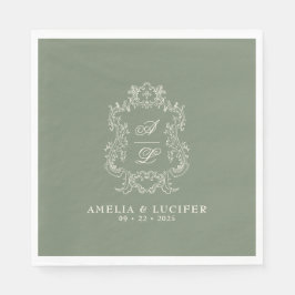 Guardanapo De Papel Sage Green & Ivory Floral Monograma Crest Casament