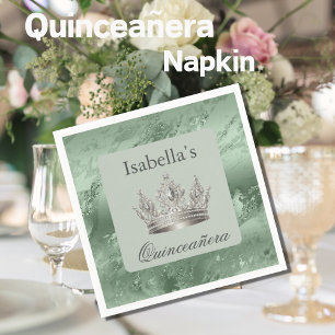 Guardanapo De Papel Sage Green Metálico Silver Tiara Coroa Quinceañera