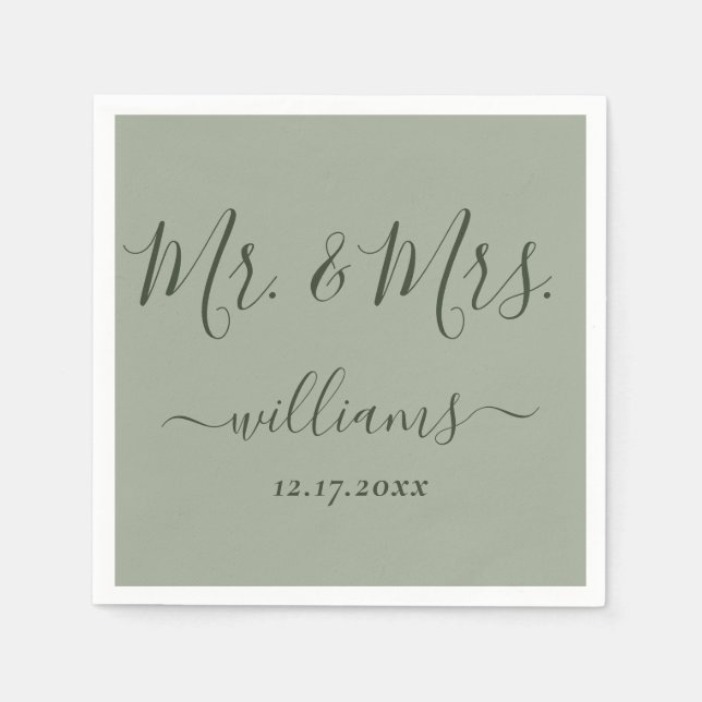 Guardanapo De Papel Sage Green Modern Script Sr. e Sra. Wedding (Frente)