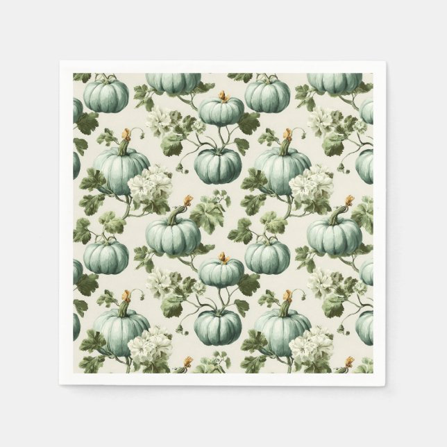 Guardanapo De Papel Sage Green Pumpkins e Florais de outono (Frente)