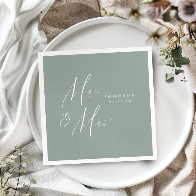 Guardanapo De Papel Sage Green, Sr. e Sra. Script, casamento minimalis (Sage Green Mr. and Mrs. script minimalist wedding Napkins)
