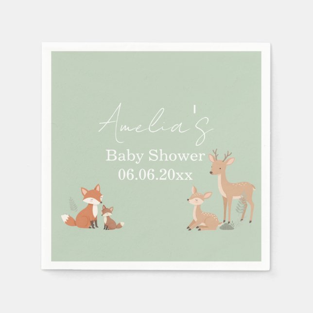 Guardanapo De Papel Sage Green Woodland Animal Baby Shower  (Frente)