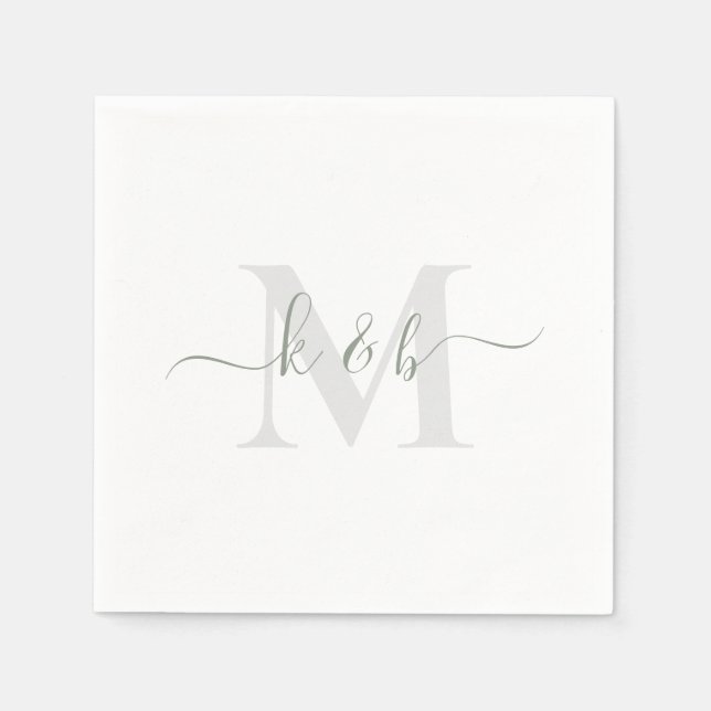 Guardanapo De Papel Sage & Grey Monograma Script Swash Branco Cocktail (Frente)