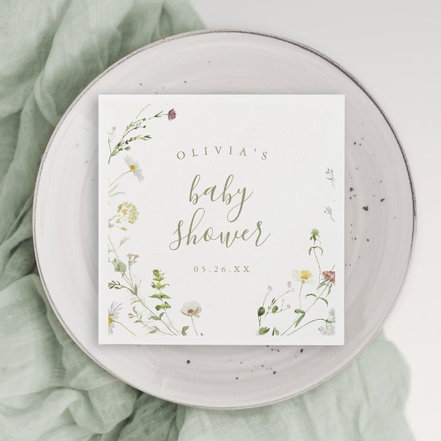 Guardanapo De Papel Sage Verde Flor Silvestre Rústico Boho Chá de Bebê (Elegant Wildflower Rustic Boho Baby Shower Napkins)