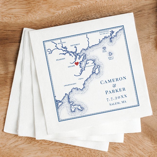 Guardanapo De Papel Salem MÃE Map Marinho Elegante Casamento Azul (Salem MA Map Wedding cocktail napkins in elegant navy blue from Coastal Map Designs)