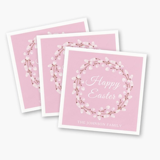 Guardanapo De Papel Salgueiro Chorando Rosa Elegante Feliz Páscoa (Elegant Pink Pussy Willow Happy Easter Napkins)