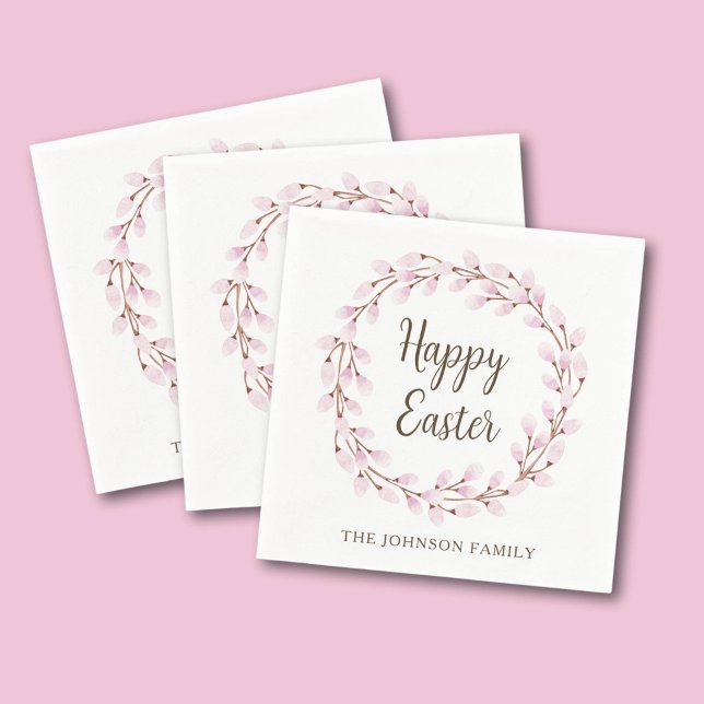 Guardanapo De Papel Salgueiro Feliz Páscoa Rosa Elegante (Elegant Pink Pussy Willow Happy Easter Napkins)