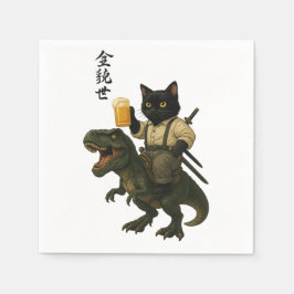 Guardanapo De Papel Samurai Cat with Beer & T-Rex | Retro Japanese Art