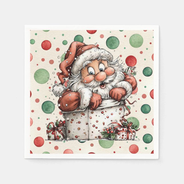 Guardanapo De Papel Santa Claus Crawling Out of Gift Box (Frente)