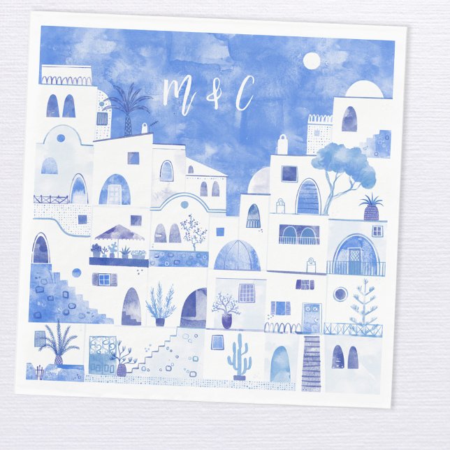 Guardanapo De Papel Santorini Oia Casamento Monograma Inicial (Santorini Greece blue and white wedding napkin with custom bride and groom initials)