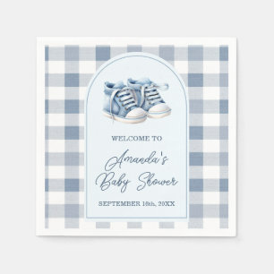 Guardanapo De Papel Sapatos de Bebê Azuis Gingham Botinhas de Menino C