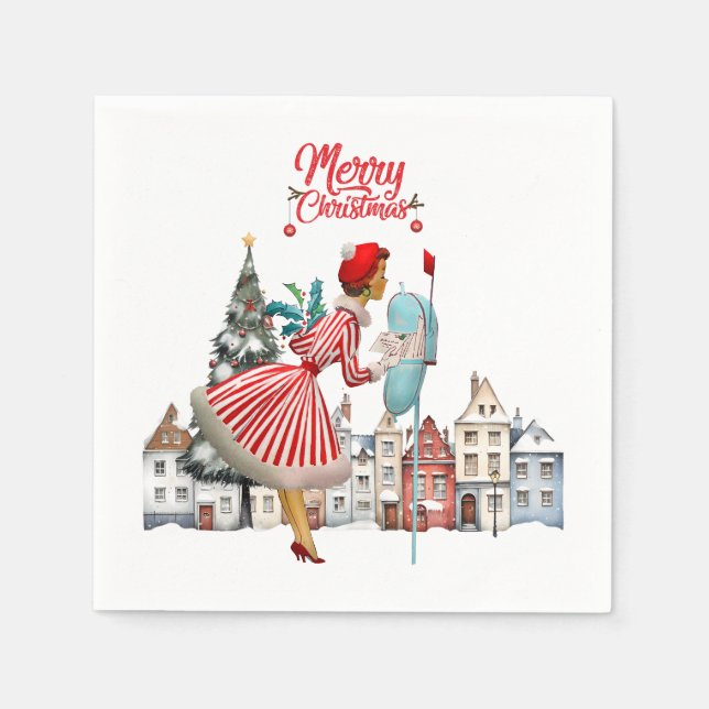 Guardanapo De Papel Saudações de Natal da Dama Vintage de 1950 (Frente)