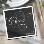 Guardanapo De Papel Saúde | Caligrafia Vintage Casamento Moody Black<br><div class="desc">Fragmentos de casamento elegantes e simples personalizados com texto branco de "Cheers" numa letra de caligrafia ao estilo vintage num fundo negro dramático. Adicione uma personalização sutil adicionando as iniciais do casal e a data do casamento no canto inferior direito. Guardanapos ricos para um casamento, janto de ensaio, festa de...</div>