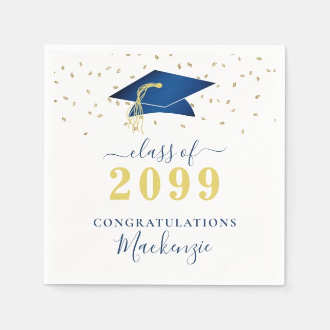 Guardanapo De Papel Script de Confetti Dourado Azul boné de formatura (Frente)