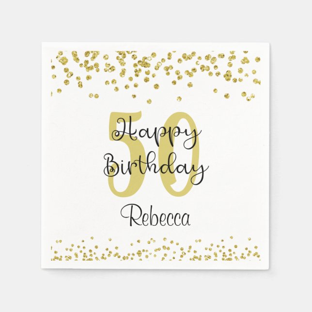 Guardanapo De Papel Script HAPPY 50th BIRTHDAY Name Glitter Dourado (Frente)