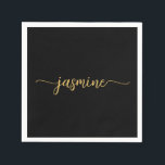Guardanapo De Papel Script Minimalista Feminina Monograma Preto Dourad<br><div class="desc">Guardanapo de papel personalizado minimalista feminino simples e limpo preto e dourado com monograma de nome e assinatura em letra cursiva. Este design apresenta seu primeiro nome em uma assinatura de tipografia de estilo de letra manuscrita bonita com cauda swash (ou caligrafia) em fundo preto e dourado. Estes são fáceis...</div>