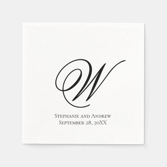 Guardanapo De Papel Script Monograma Preto Branco Casamento Elegante (Frente)