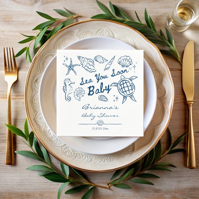 Guardanapo De Papel Sea you soon seashells beach boy baby shower (Sea you soon blue hand drawn seashells beach seaside boy baby shower personalized printed napkins)