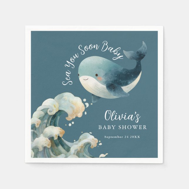 Guardanapo De Papel Sea You Soon Whale Ocean Turquoise Baby Shower (Frente)