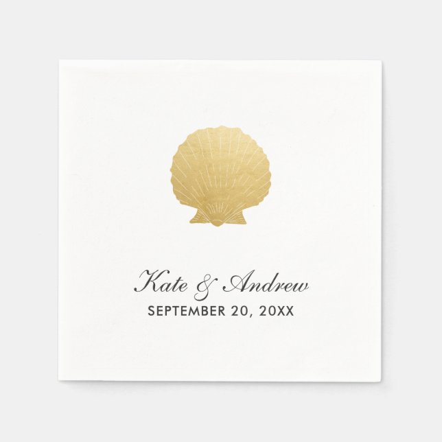Guardanapo De Papel Seashell Faux Gold Foil | Casamento Oceânico (Frente)