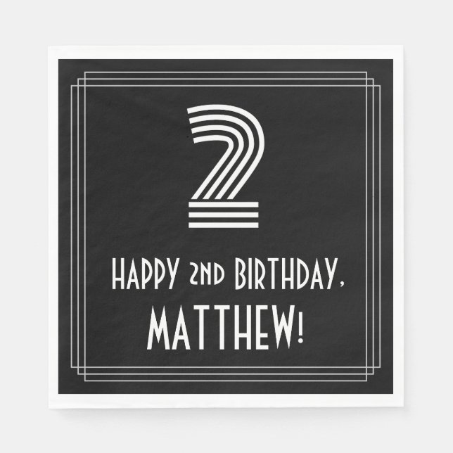 Guardanapo De Papel segundo aniversário: Art Deco Inspira "2" + Nome (Frente)