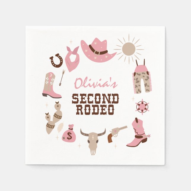 Guardanapo De Papel Segundo Rodeio Rosa Caubói Western Aniversário de  (Frente)