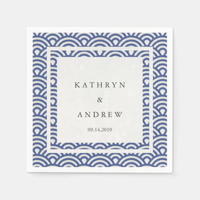 Guardanapo De Papel Seigaiha Japonês Onda Azul Escuro Elegante + Branc (Frente)