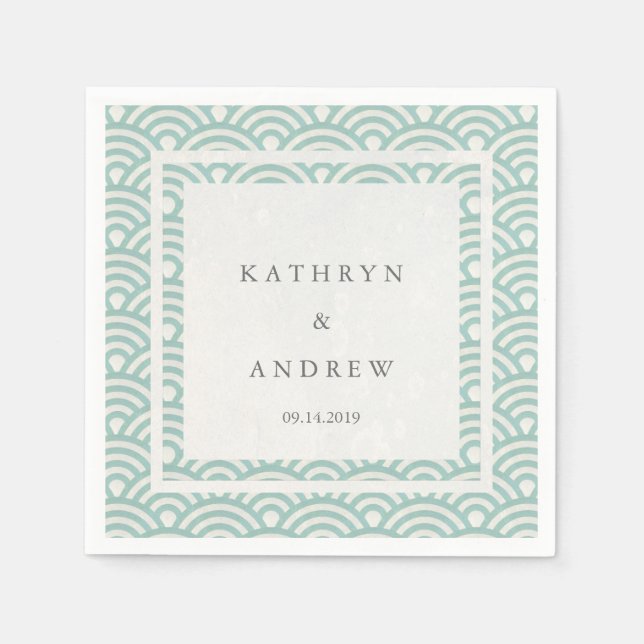 Guardanapo De Papel Seigaiha Japonês Onda Verde Suave Elegante + Branc (Frente)