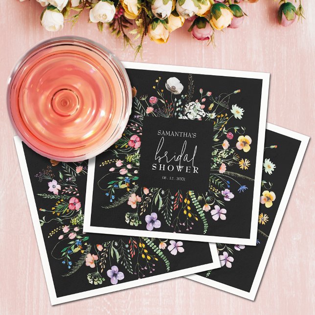 Guardanapo De Papel Selvagens - Chá de panela (Wildflowers bridal shower black napkins)