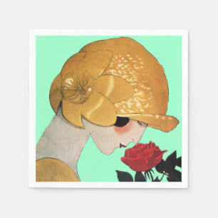 Guardanapo De Papel SENHORA COM ROSA VERMELHA, Turquesa Teal