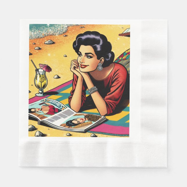 Guardanapo De Papel Senhora retrô na praia sonhando com moda (Frente)