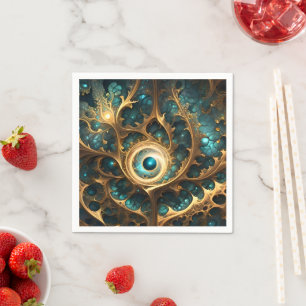 Guardanapo De Papel Sentido De Arte Fractal Dourada E Teal,