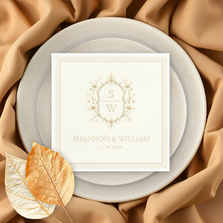 Guardanapo De Papel Sepia floral crest monogram vintage ivory wedding