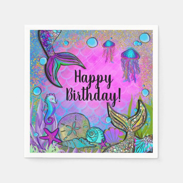 Guardanapo De Papel Sereias & Conchas de Mar Partido Rosa Brilhante (Frente)