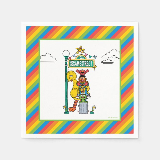 Guardanapo De Papel Sesame Street Characters & Street Sign Birthday Na (Frente)