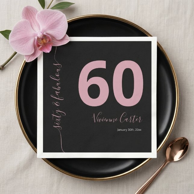 Guardanapo De Papel Sessenta e Fabuloso Script Rosa Aniversário de 60  (Sixty and Fabulous Script Pink 60th Birthday Party Napkins)