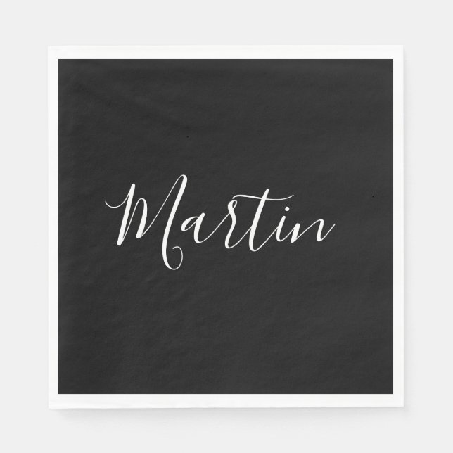 Guardanapo De Papel Seu nome | Script branco elegante em preto (Frente)