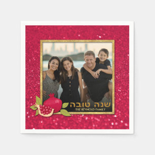 Guardanapo De Papel Shana Tova Foto Dourada de Brilho Vermelho Pomegra