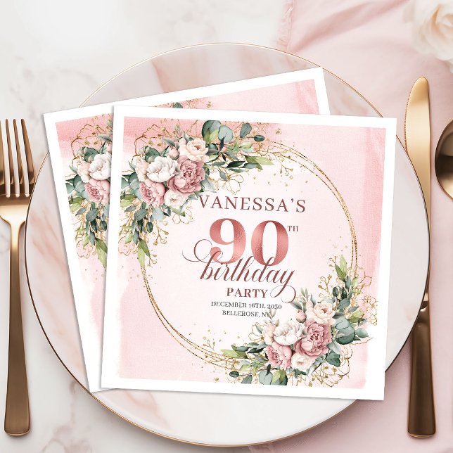 Guardanapo De Papel Shimmering Rose Gold Greenery 90th Birthday Napkin (Shimmering Rose Gold Greenery 90th Birthday Napkins)