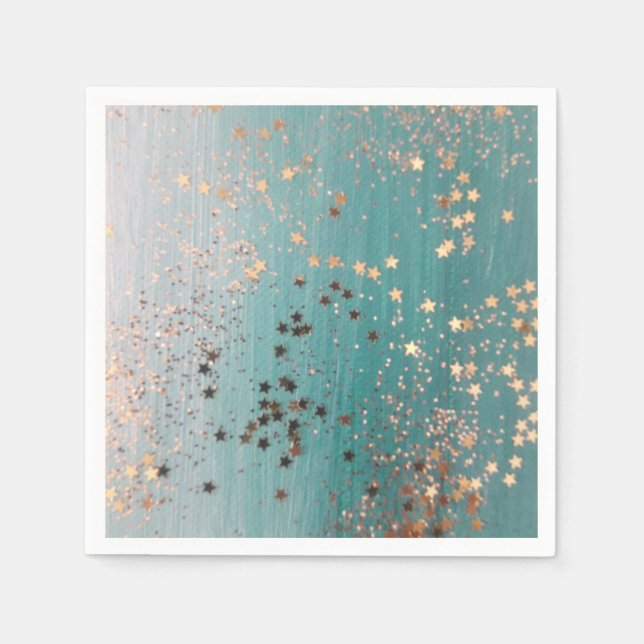 Guardanapo De Papel Shimmery Dourado Stars on Teal (Frente)